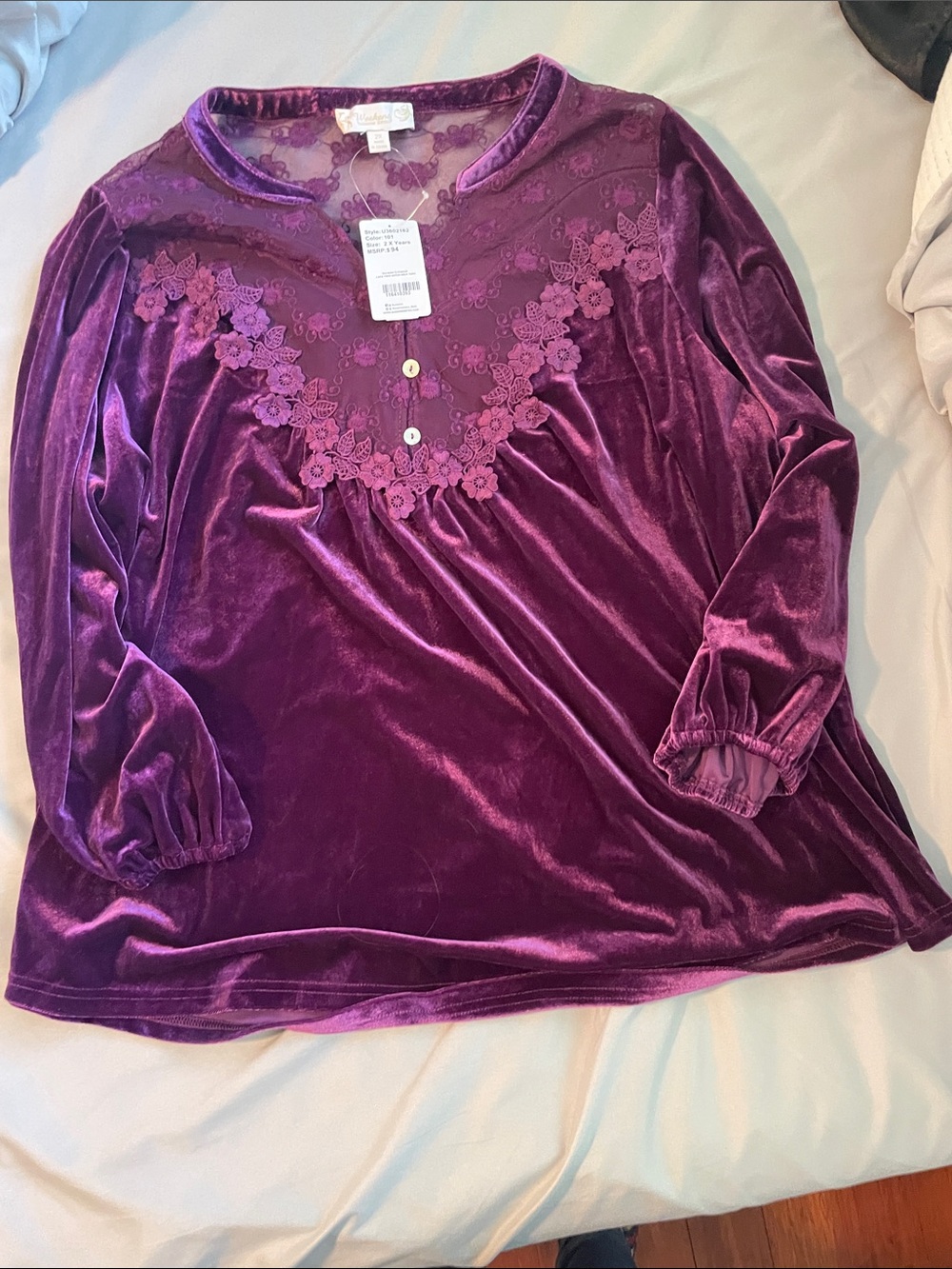 Suzanne Betro Velvet and Lace Notch Neck Tunic in Plum